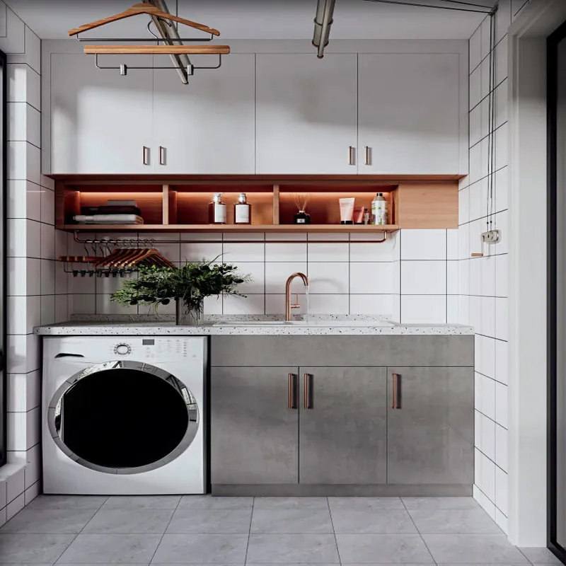 White and Warm Gray Sink and Washer Cabinet Custom Stainless Steel Balcony Cabinets FW-BC-009
