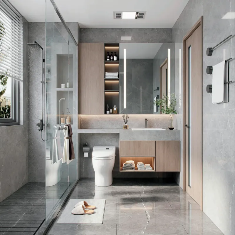 White and Warm Wood Floating Vanity with Open Niche Custom Stainless Steel Bathroom Vanity FW-BV-063