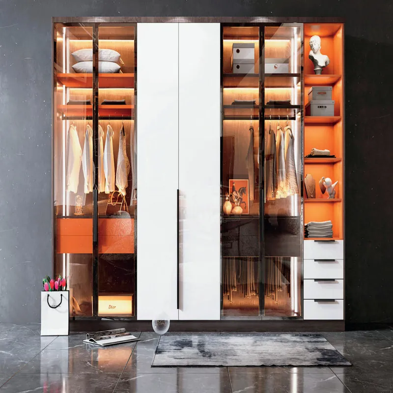 White and Warm Wood Open-Center Wardrobe Custom Stainless Steel Wardrobe FW-WD-022