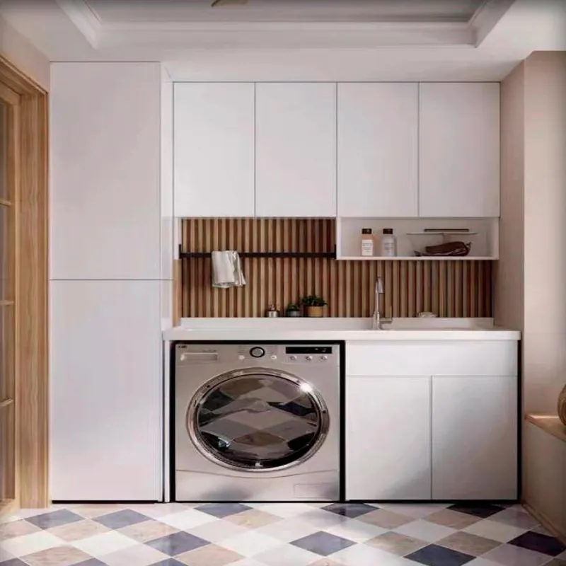 White and Wood Compact Washer Cabinet Custom Stainless Steel Balcony Cabinets FW-BC-013