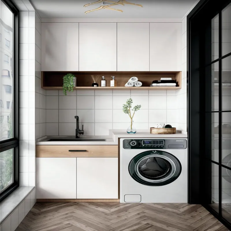 White and Wood Sink and Washer Cabinet Custom Stainless Steel Balcony Cabinets FW-BC-005