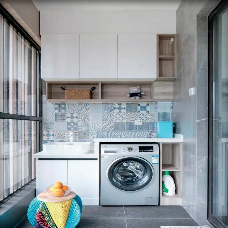 White and Wood Sink and Washer Cabinet Custom Stainless Steel Balcony Cabinets FW-BC-023