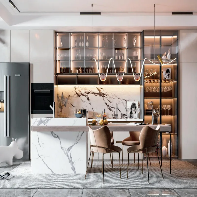 White Marble Island Kitchen Modern Stainless Steel Cabinets FW-MK-040