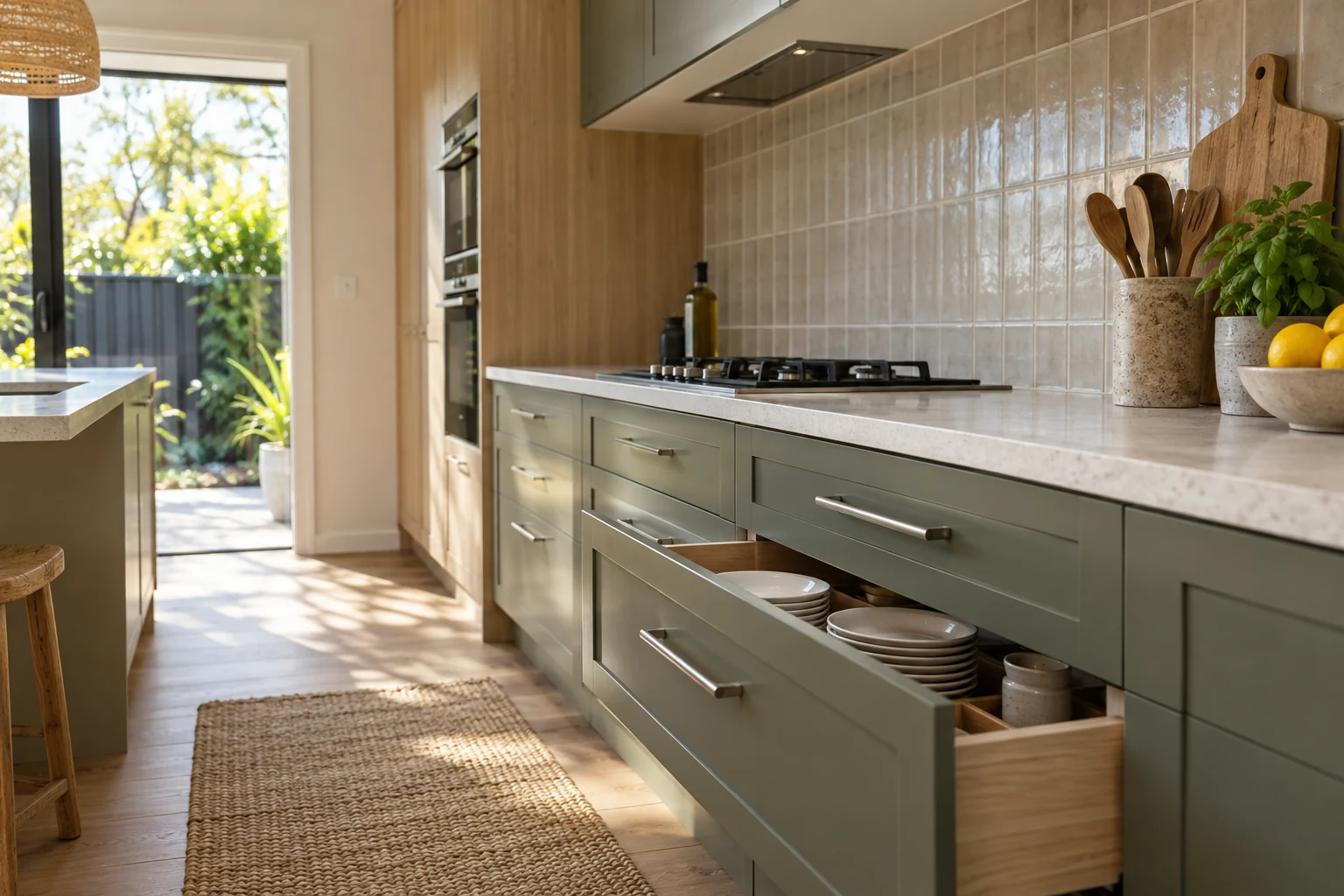 AI concept detail of a kitchen drawer, cabinet hardware and tiled splashback
