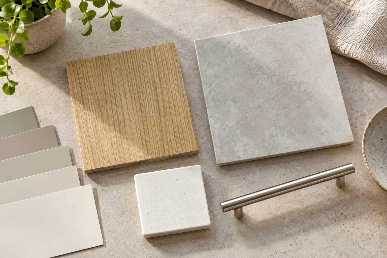 AI concept overhead view of timber, tile, surface and paint samples with an unbranded handle