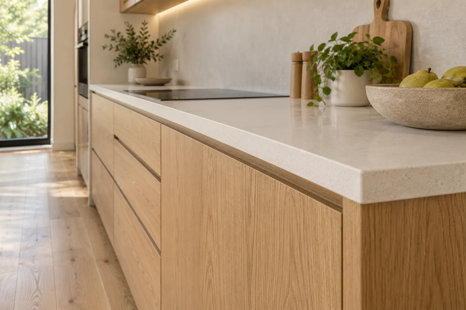 AI concept close-up of timber cabinetry, a pale worktop and flooring junction