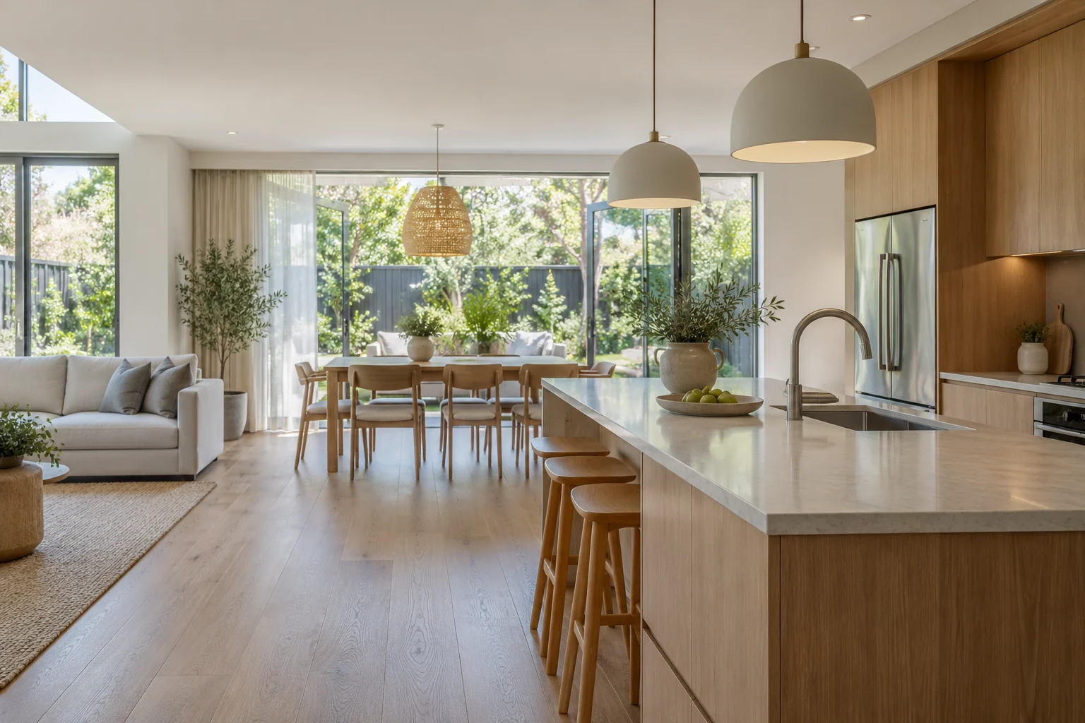 AI concept looking from a kitchen towards dining, garden glazing and a clear circulation route