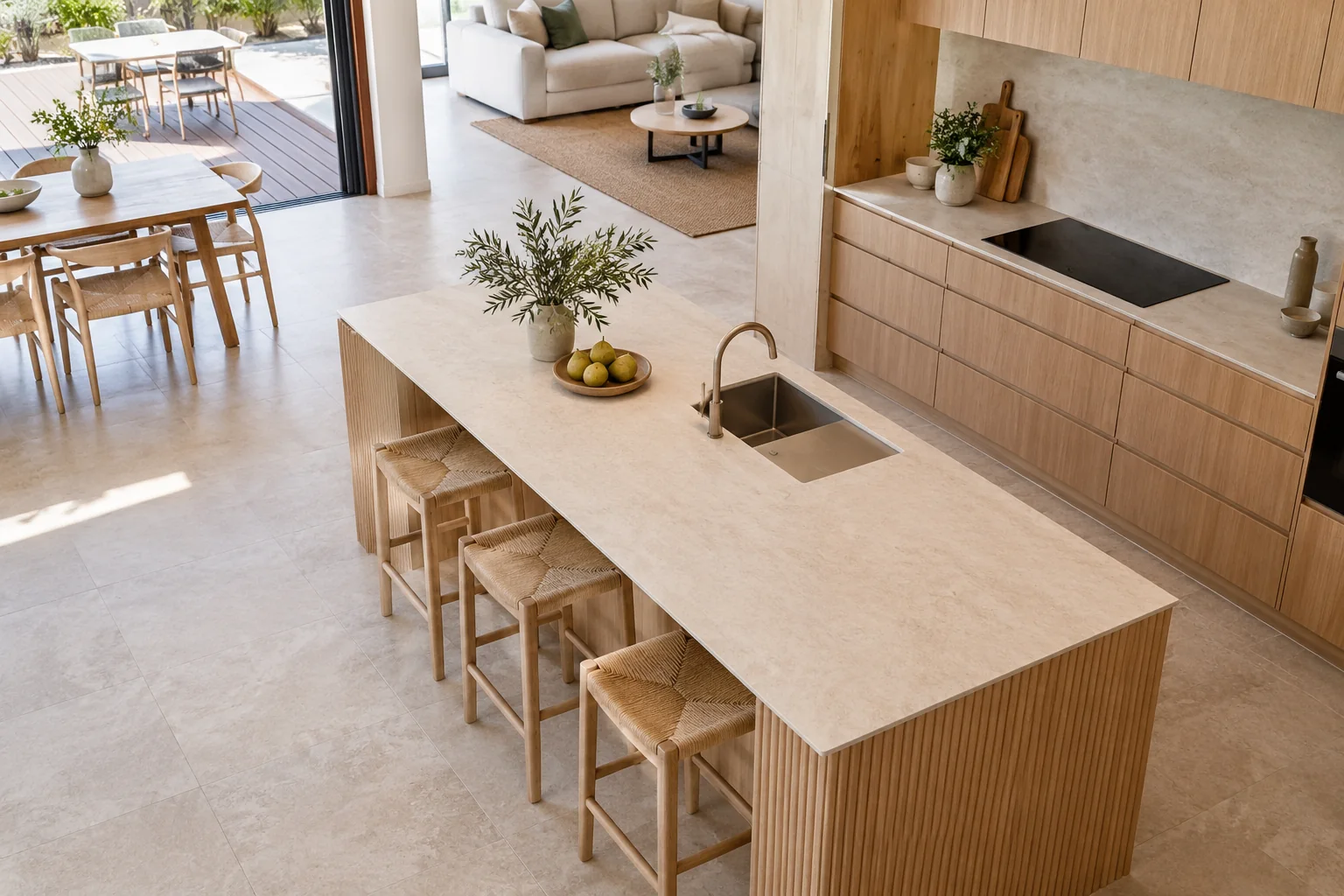 Elevated oblique view of a kitchen island linking dining and living spaces with a clear route