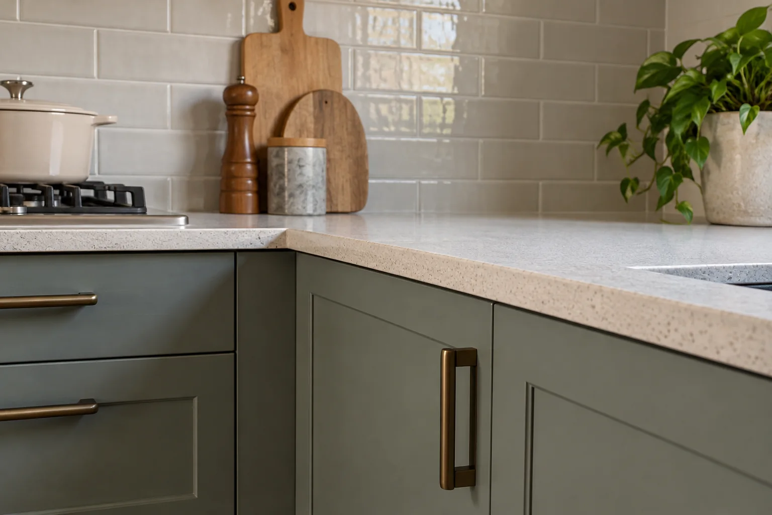 Close view of a worktop, tiled splashback, cabinet joinery and drawer hardware in a modest kitchen