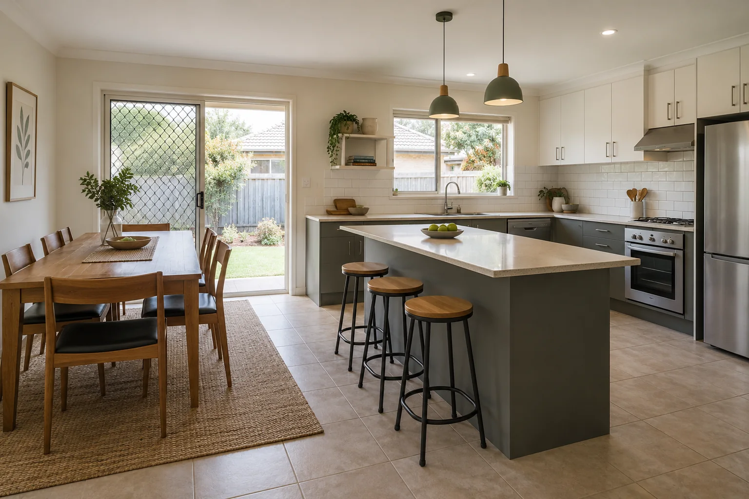 Modest Australian kitchen with an island, dining area and durable finishes for a renovation cost comparison